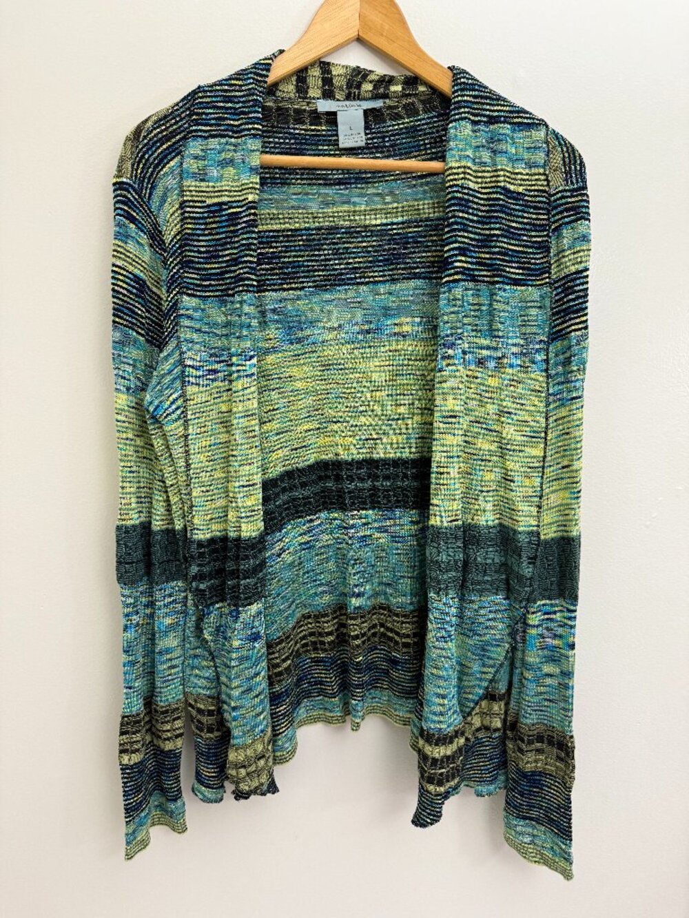 Nurture Womens Cardigan Large Green Aqua Black Colorblock Natural Fibers